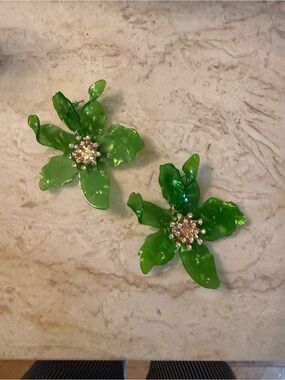 Green Floral Resin Statement Earrings with Crystal Centers